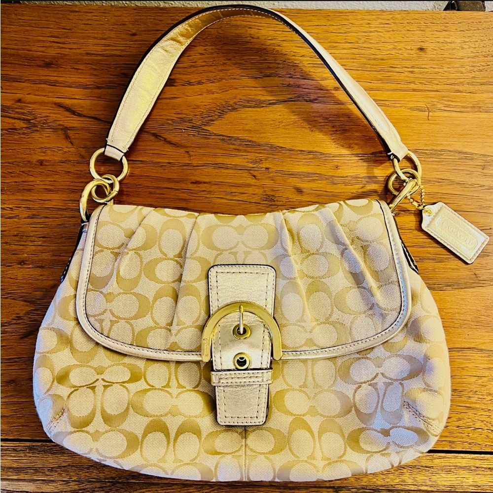 Coach Soho Signature Monogram Buckle Flap Gold Metallic Shoulder Bag Jacquard